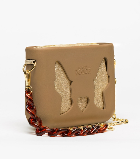 Mala de Ombro Pooch Mini Cutout Camel Glitter Dourado