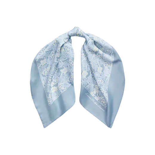 Lenço Quadrado Floral em Algodão e Seda Azul