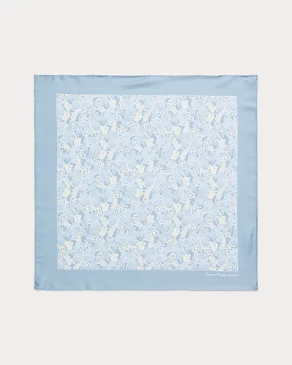 Lenço Quadrado Floral em Algodão e Seda Azul