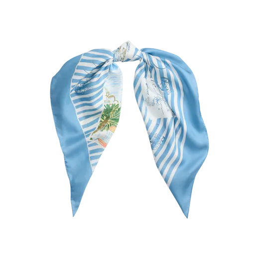 Lenço Quadrado com Riscas em Algodão e Seda Azul