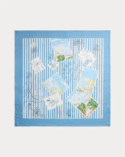 Lenço Quadrado com Riscas em Algodão e Seda Azul
