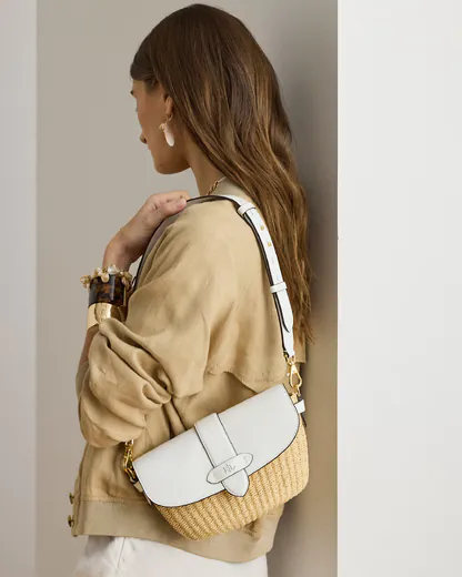 Mala de Ombro Lynden Pequena em Palha e Pele Branca