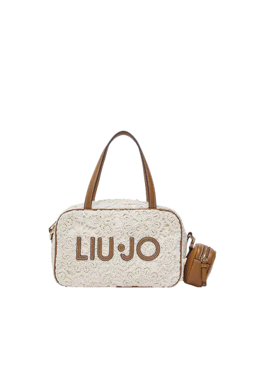 Mala de Mão Logo com detalhes em Renda Bege/Castanha