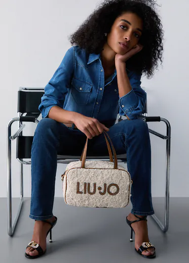 Mala de Mão Logo com detalhes em Renda Bege/Castanha