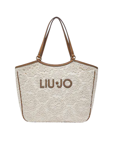 Mala Tote Logo com detalhes em Renda Bege/Castanha