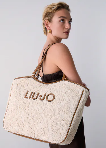 Mala Tote Logo com detalhes em Renda Bege/Castanha