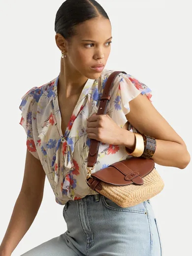 Mala de Ombro Lynden Pequena em Palha e Pele Castanha