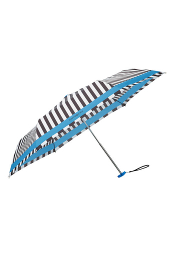 Guarda-Chuva Mini Desdobrável c/ Riscas Pretas e Brancas e Rebordo Azul